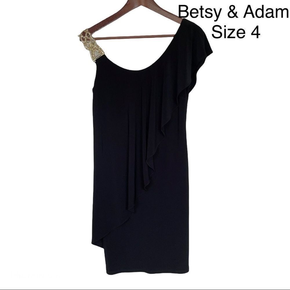 Betsy & Adam Embellished Black 1 Shoulder Dress 4